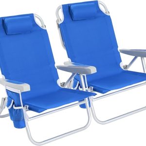 SUNNYFEEL Low Beach Chair 2 Pack, 5-Position Lay Flat Reclining, Backpack Portable Folding Chairs with Cooler Bag & Cup Holder, Heavy Duty 350 LBS, Compact for Beach, Camping, Travel