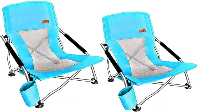 Nice C Low Beach Camping Folding Chair, River Sand Lake Chair (2 Pack Blue) | Compact Backpacking Chair, Sillas De Playa, Cup Holder, Carry Bag, Heavy Duty, Outdoor, BBQ, Travel, Picnic, Festival