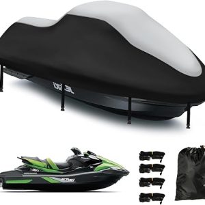 Jet Ski Cover 3 Seater,Upgraded 420D Heavy Duty Waterproof Waverunner Cover,2 Air Vent Marine Grade UV Resistant for Seadoo,Kawasaki,Waverunner Polaris from 116" to 125"(Silver Black)