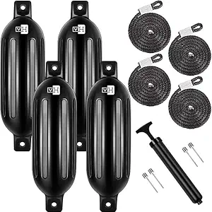 VIVOHOME Vinyl Ribbed Boat Fenders 4 Pack, Boat Bumpers with Ropes, Needles, and Pump to Inflate Fit for Yachts, Sailing Dinghies, Bass Boats, Black