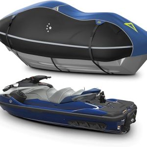 LIBZAKI Jet Ski Cover PWC Cover 2-3 Seats Heavy Duty Waterproof 600D UV Resistant Fits for Yamaha Sea-Doo Kawasaki up to 112"~135" Blue/Black