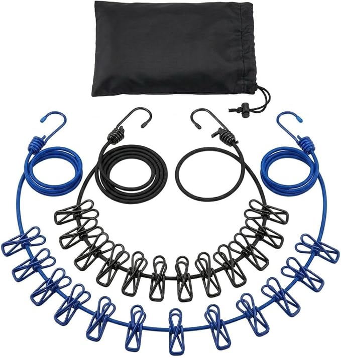 2 Pack Travel Clothesline with 24 Clips, Portable Windproof Laundry Line | Portable clothesline with clips for travel, camping, hotel, RV and cruise use.