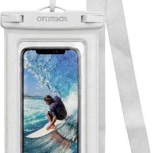 OtterBox Waterproof Universal Phone Pouch - IPX8 Submersible Dry Bag with Heavy-Duty Clip and Lanyard, Clear PVC Touch-Screen Sleeve for Beach, Travel, Boating & Pool - White