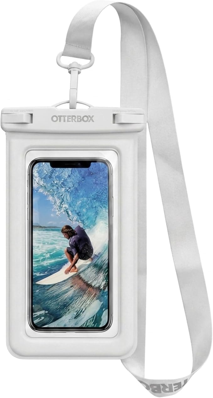 OtterBox Waterproof Universal Phone Pouch - IPX8 Submersible Dry Bag with Heavy-Duty Clip and Lanyard, Clear PVC Touch-Screen Sleeve for Beach, Travel, Boating & Pool - White