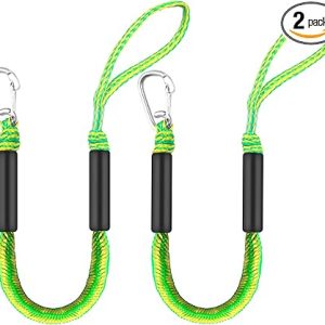 Single Hook Bungee Dock Lines – Adjustable Boat Tie Downs for Pontoon, Jet Ski, PWC, Kayak | Small Cruiser Mooring Lines | 2.5/3/4/7/14ft (2, Green & Yellow, 2.5 FEET)