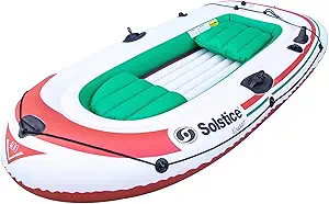 Solstice Voyager 4-Person Inflatable Fishing Boat with Dual Swivel Oar Locks and Rod -Holder, Motor Compatible 9' x 5'