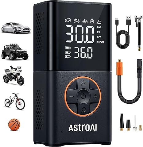 AstroAI L7 Tire Inflator Portable Air Compressor,150 PSI Cordless Bike Pump | For Car Tires, Bikes, Motorcycles and Balls; Auto Shut-off, Digital Display Pressure Gauge, Fast Inflation, LED Light