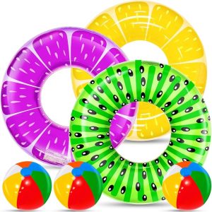6 Pack Inflatable Pool Floats, 3 Pcs Inflatable Fruits Swim Tubes Rings & 3 Pcs Rainbow Beach Ball, Summer Pool Floaties for Kids Teens Adults Swimming Float Toy Hawaiian Party Beach Water Fun Game