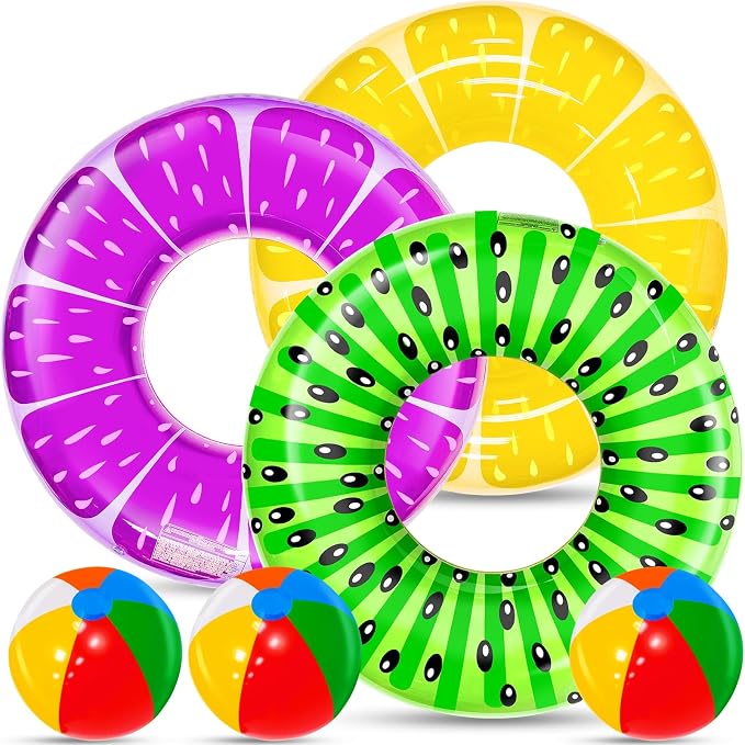 6 Pack Inflatable Pool Floats, 3 Pcs Inflatable Fruits Swim Tubes Rings & 3 Pcs Rainbow Beach Ball, Summer Pool Floaties for Kids Teens Adults Swimming Float Toy Hawaiian Party Beach Water Fun Game