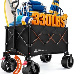 Hikenture Foldable Beach Wagon with Big Wheels for Sand, 330 lbs Capacity | Large wagon for beach, camping, sports & grocery hauling; Big wheels for sand & gravel; One-hand fold