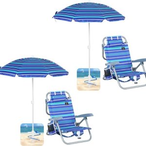 Nice C Toddler Beach Chair, Kids Beach Chair with Umbrella (2 Pack) | Backpack Beach Chair, Backpack Camping Chair, 5-Position Reclining, Cup Holder, Beach, Camping, Picnic