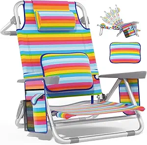 5 Position Folding Low Beach Chair with Lumbar Pillow for Adults and Kids | 8.7" Low profile design, 17.3" Seat Depth, 20.5" Extra-wide Seat, Headrest, Backpack Style, Lay Flat, 7 Storage Pockets