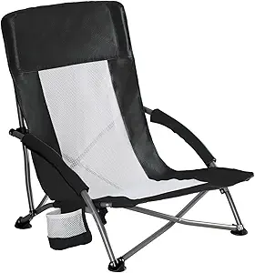 NEWBULIG Folding Camping Beach Chair for Adults, Low Profile Lawn Chair with Cup Holders & Carry Bag, Extra Wide Seat and High Back, Portable for Beach, Outdoors, Travel & Concerts, Black | Low Profile Outdoor Camp Lawn Chair for Adults with Cup Holder, Carry Bag, and Mesh Back for Picnic, Beach, Concerts