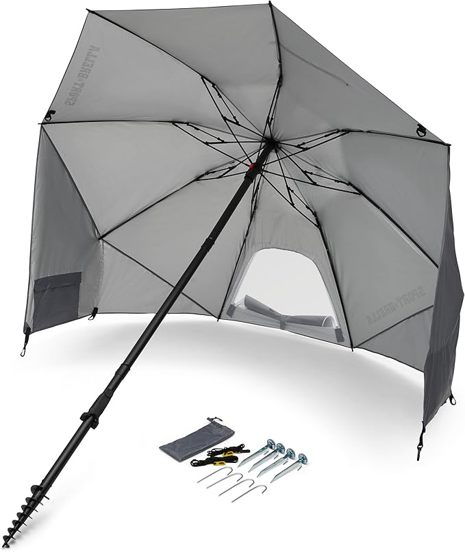 Sport-Brella Fieldedge (Gray) UPF 50+ Sun Protection Umbrella, 6-Foot Bi-Fold Canopy with Patented Side Panels, Premium Auger Bit and Carry Bag for Outdoor Shade on Beach, Grass, or Sidelines