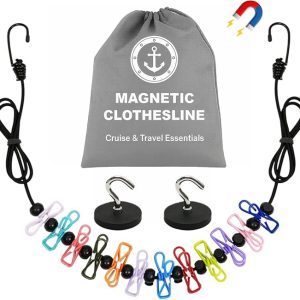 Magnetic Travel Clothesline - Cruise Ship Essentials & Must Haves 2026 - Stretches to 12ft Retractable Laundry Drying Line with Non-Scratch Magnetic Hooks, Positioning Beads & 12 Anti-Slip Clips