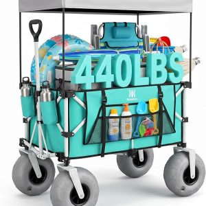 Beach Wagon with Big Balloon Wheels for Sand, 200L Extra Large Beach Cart with Canopy, 440Lbs Heavy Duty Folding Wagon Collapsible with 9" Tires & Side Pocket for Beach, Outdoor, Light Blue