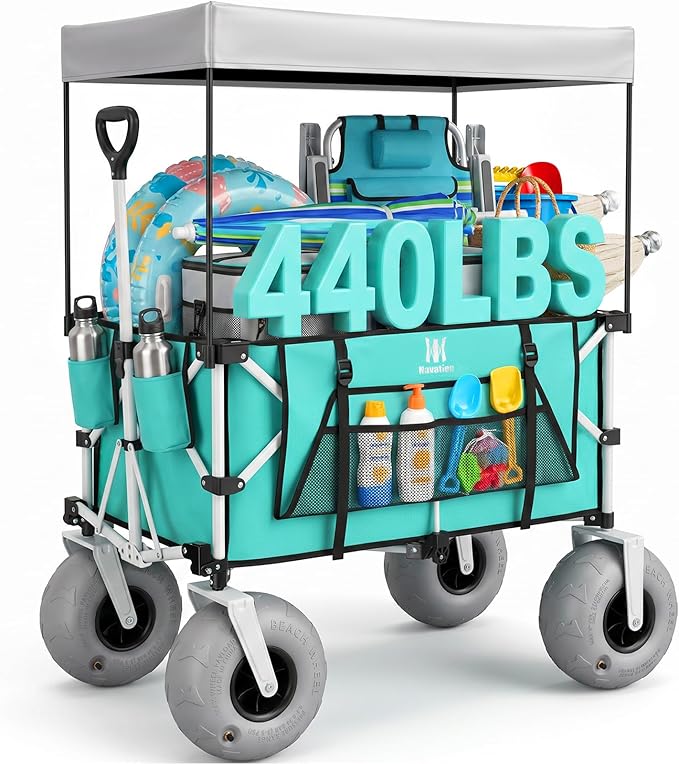 Beach Wagon with Big Balloon Wheels for Sand, 200L Extra Large Beach Cart with Canopy, 440Lbs Heavy Duty Folding Wagon Collapsible with 9" Tires & Side Pocket for Beach, Outdoor, Light Blue