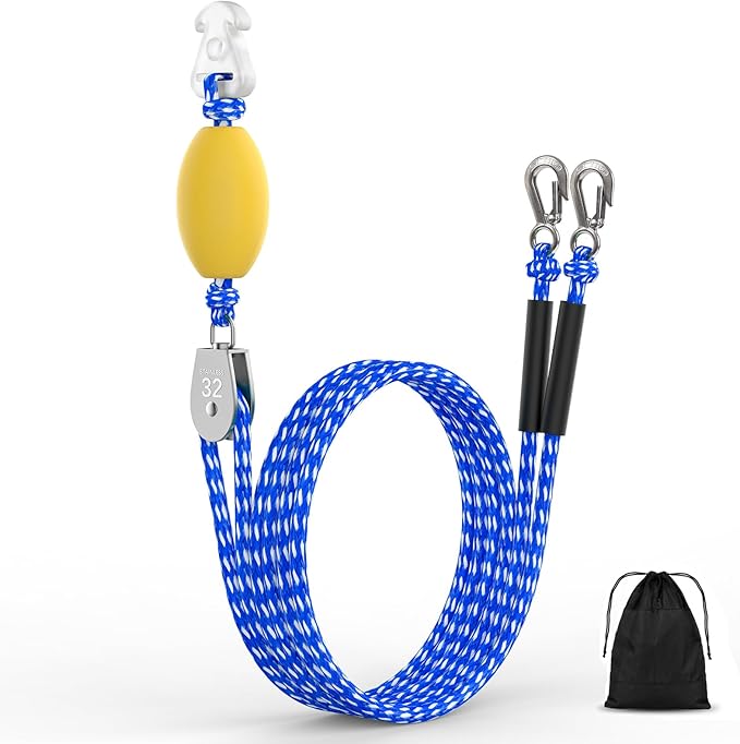 Heavy Duty Boat Tow Harness for Tubing, Self Centering Boat Tow Rope for Tubing 1-4 Riders with 360° Rotating Pulley and Large Hooks, Floating Tube Rope for Boats, Towable Tubes