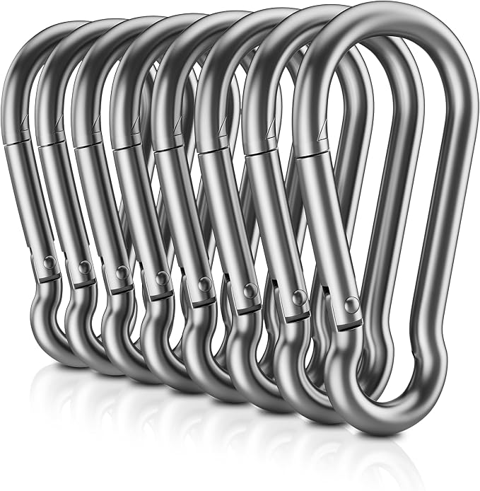 8 PCS Heavy Duty Carabiner Clips, 【NO Rust】 1360lbs 304 Stainless Steel Carabiners, 2.36 inch D-Ring Snap Hook Keychain Spring Clips for Gym, Pet leashes, Camping, Car, Farm