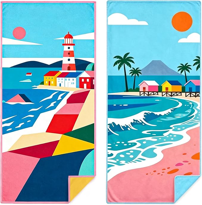 Beach Towels Oversized Abstract Art Quick Dry Microfiber | Lighthouse Beach Scene Print, 35x70 Inch, Highly Absorbent Soft Touch, for Pool Bathroom Outdoor Use, Set of 2