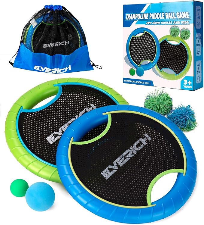 Bouncy Paddle Ball Game for Kids with EVA Foam Trampoline Paddles and Balls, Stringy Ball Toss and Catch Set for Indoor Outdoor Beach Pool Backyard Play, Flying Disc Gift for Boys & Girls