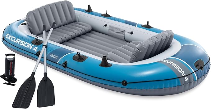 INTEX Excursion 4-Person Inflatable Fishing Boat River Raft Set with Oars | 66324EP - Portable Boat with Extra Wide Cockpit and High-Ouput Hand Pump, 10ft 4in × 5ft 5in