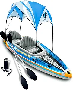 Sunlite Sports Inflatable Kayak 2 Person with Canopy, Portable Inflatable Boat with Shed & Aluminum Oars, Lightweight Tandem Kayak with Air Pump & Carry Bag for Lakes & Rivers, 400 LB