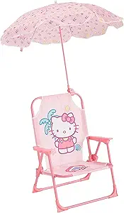 Sanrio Hello Kitty Kids Outdoor Folding Beach Chair with Umbrella,Portable Camp Chair for Ages 3+, Lightweight & Compact for Beach, Camping, and Backyard