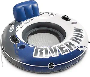 INTEX 58825EP River Run 1 Inflatable Floating Lounge: Comfortable Backrest – Built-in Cup Holders – Durable Grab Handles – All Around Grab Rope – 220lb Weight Capacity
