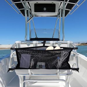 PLOZANO Boat Storage Bag with 3 Divisions, Adjustable Organizer, Mesh Tackle & Life Jacket Holder, Suspended Net for Leaning Post (32 INCH)