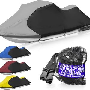 Trailerable Jet Ski Cover, Waterproof Marine Grade 600D Heavy Duty Polyester PWC Cover Gray/Black Color Fits from 126"-135" 3 Seater