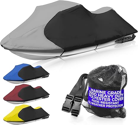 Trailerable Jet Ski Cover, Waterproof Marine Grade 600D Heavy Duty Polyester PWC Cover Gray/Black Color Fits from 126"-135" 3 Seater