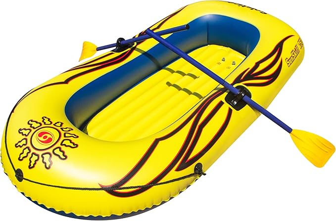 SOLSTICE Inflatable Boat Rafts 2 Person for Adults & Kids Comes W/ Oars Paddles Pump Pole Oar Holders Cushioned Comfortable Base Grab Line 6 Ft Size Sunskiff Kits Dinghy Air Floor Yellow