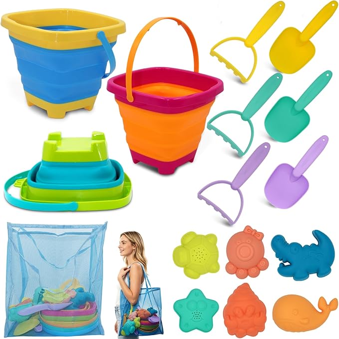 Beach Toys Essential Set for Kids 3-10, Collapsible Sand Bucket Set with 3 Shovels, 6 Sand Molds and Large Mesh Bag, Sand Toys for Beach, Sandbox Travel Toys for Toddlers Kids