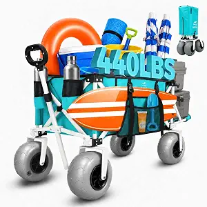 Beach Wagon with Extended Tailgate, 9" Big Sand-Proof Balloon Wheels, Heavy Duty 200L Oversized Foldable Beach Cart, 440LBS Utility Wagon with Side Pocket for Sand,Camping,Vacation