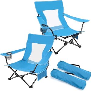 Joyfair Beach Camping Chair (2 Pack), Folding Chair for Adults (Blue) | Heavy Duty Outdoor Portable Chair with Armrest for Outside Lawn, Sport, Fishing, Cup Holder & Storage Pocket, Carry Bag