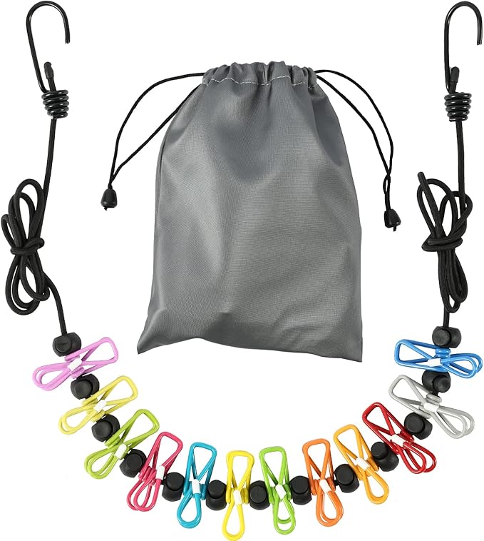 Retractable Portable Travel Clothesline Camping Clothing Line with 12 Clips | For Indoor Laundry Drying Line Outdoors Camping Essentials & RV Hotel with Waterproof Bag, Stretchable from 10 to 12 Feet