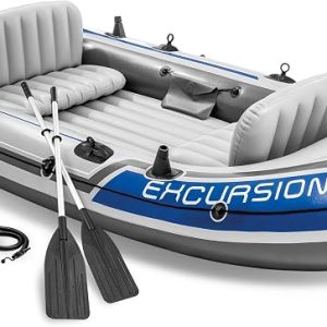 Intex 68324EP Excursion 4 Inflatable Boat Set: Includes Deluxe 54in Boat Oars and High-Output Pump – Adjustable Seats with Backrest – Fishing Rod Holders – 4-Person – 1100lb Weight Capacity