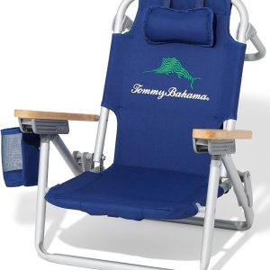 Tommy Bahama Kid's 5-Position Lay Flat Backpack Folding Beach Chair, Solid Navy Wavy Marlin