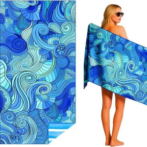 Puomue Microfiber Lightweight Beach Towel, Beach Blanket, 71 Inch X 32 Inch, Ultra Portable, Sand Free, Fast air-Drying, Thin and Large Size Towel for Travel, Camping, Swimming (Waves, 71“ X 32”)