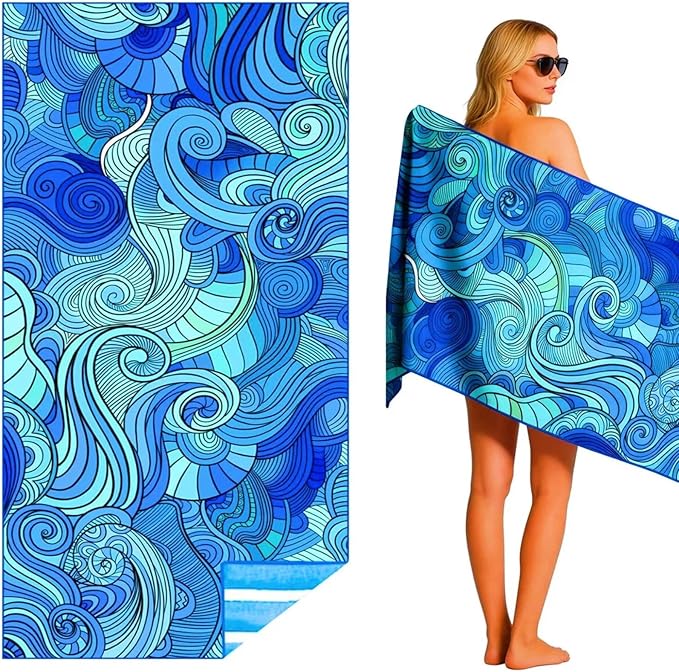 Puomue Microfiber Lightweight Beach Towel, Beach Blanket, 71 Inch X 32 Inch, Ultra Portable, Sand Free, Fast air-Drying, Thin and Large Size Towel for Travel, Camping, Swimming (Waves, 71“ X 32”)