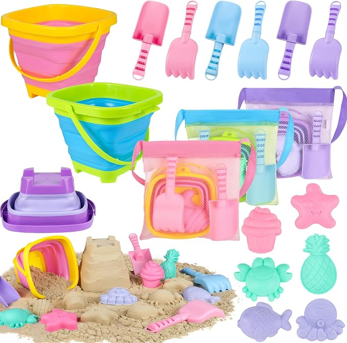 TSDATOWR Collapsible Beach Toys, 3 Sand Buckets Set for 3 Kids | Silicone Pails, Shovels, Molds and Mesh Bag for Sandbox, Travel, Camping, Fishing, Space Saving Multi-Kid Play Set