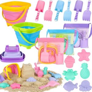 TSDATOWR Collapsible Beach Toys, 3 Sand Buckets Set for 3 Kids | Silicone Pails, Shovels, Molds and Mesh Bag for Sandbox, Travel, Camping, Fishing, Space Saving Multi-Kid Play Set