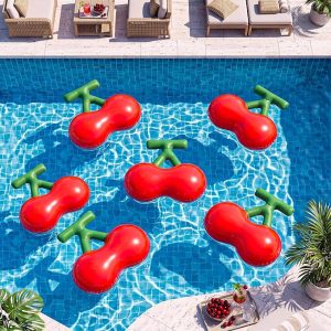 6 Pcs Cherry Pool Float Fruit Party Decor | with Pump, Large PVC Foil Balloon, for Summer Swimming Tropical Hawaiian Party, Birthday Baby Shower Wedding Decor