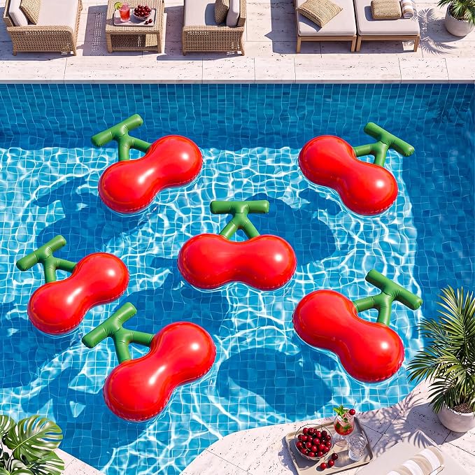 6 Pcs Cherry Pool Float Fruit Party Decor | with Pump, Large PVC Foil Balloon, for Summer Swimming Tropical Hawaiian Party, Birthday Baby Shower Wedding Decor