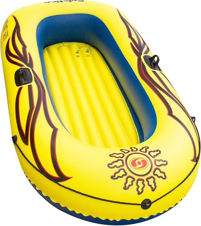 SOLSTICE Inflatable Boat Rafts 2 Person for Adults & Kids Comes W/ Pole Oar Holders Cushioned Comfortable Base Grab Line 6 Ft Size Sunskiff Kits Dinghy Air Floor Yellow