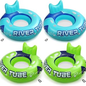 4 Pcs Green Blue 53" Heavy Duty River Tube Float Inflatable Pool Floating Tube for Adult Large River Raft Water Chair Lounger with Mesh Bottom Backrest 2 Cup Holders and Handles, Holds 300lb