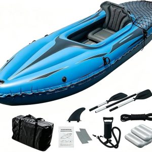 9ft Inflatable Fishing Kayak, 1-Person Foldable Boat, 220lb Capacity with Aluminum Oars, High Output Pump, Adjustable Seat, Removable Fins, Cargo Net for Adults, Lakes, Rivers and Fishing