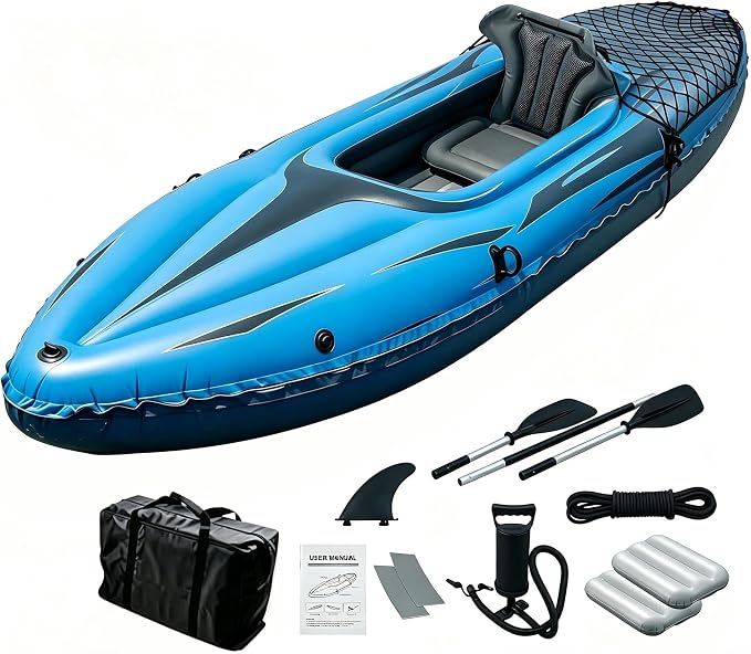 9ft Inflatable Fishing Kayak, 1-Person Foldable Boat, 220lb Capacity with Aluminum Oars, High Output Pump, Adjustable Seat, Removable Fins, Cargo Net for Adults, Lakes, Rivers and Fishing