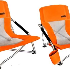 Nice C Low Beach Camping Folding Chair, River Sand Lake Chair (2P Orange) | Compact Backpacking Chair, Sillas De Playa, Cup Holder, Carry Bag, Heavy Duty, Outdoor, BBQ, Travel, Picnic, Festival